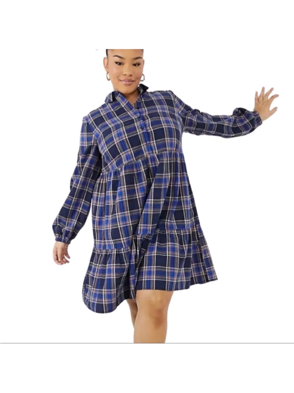 NWOT New Look Blue Plaid Button-Front Tiered Cotton Shirt Dress